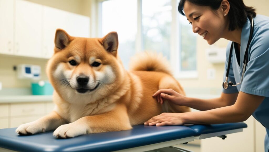 動物病院で獣医師による健康診断を受けている柴犬