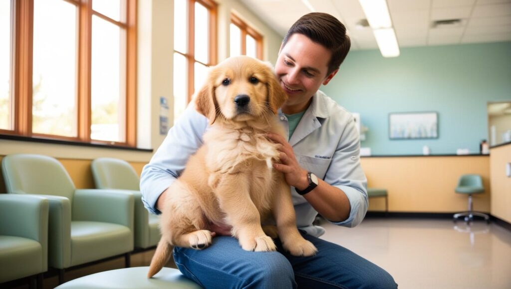 子犬が動物病院でワクチン接種の説明を受ける前に、飼い主の膝の上でリラックスしている様子