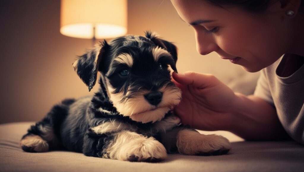 薄暗い寝室で飼い主が子犬を優しく撫でて安心させている写真。子犬の夜泣きへの対処をイメージした場面。