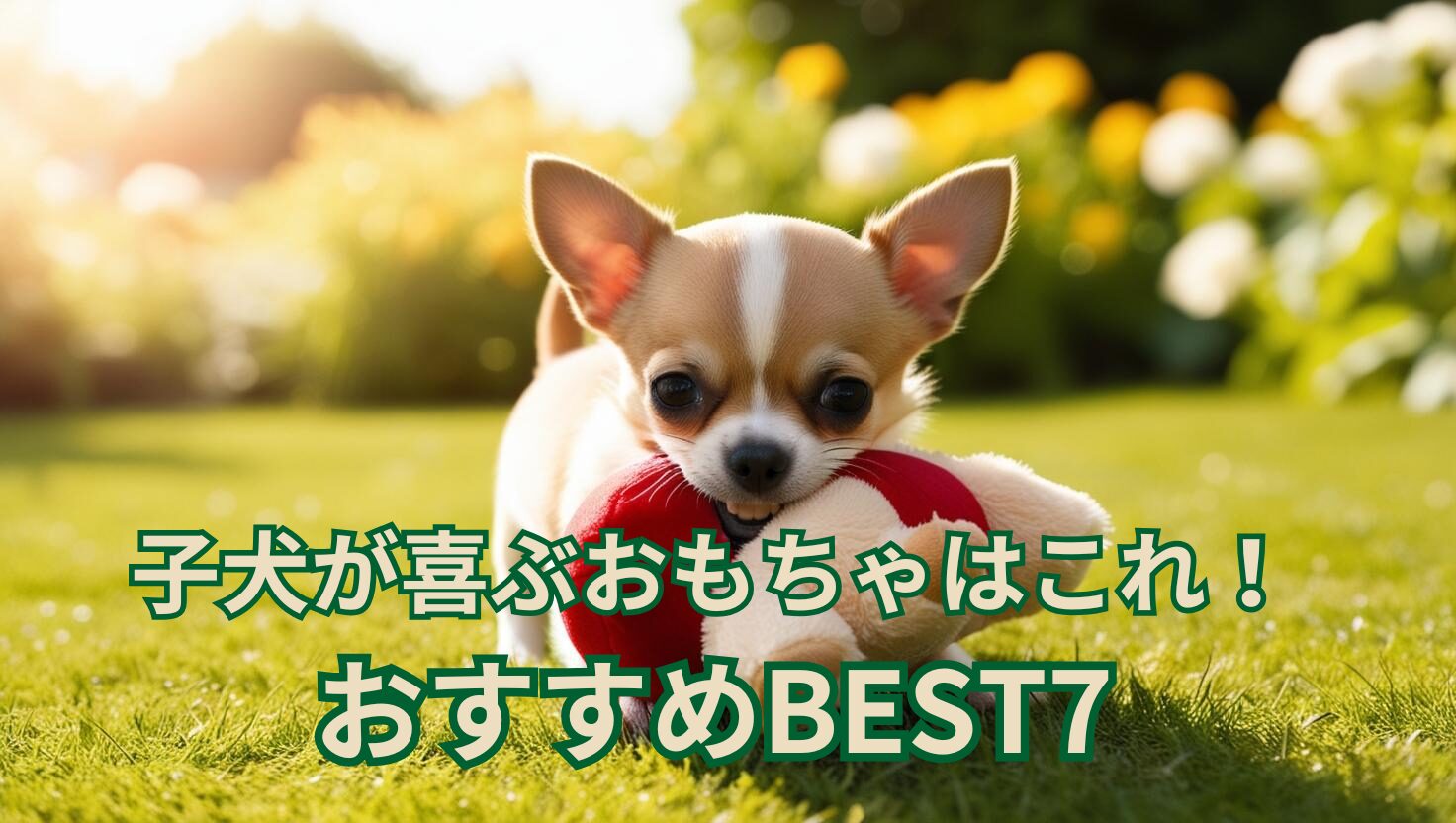 子犬が人気のおもちゃで楽しそうに遊ぶアイキャッチ画像。子犬 おもちゃ 選び方＆おすすめBEST7のメインビジュアル