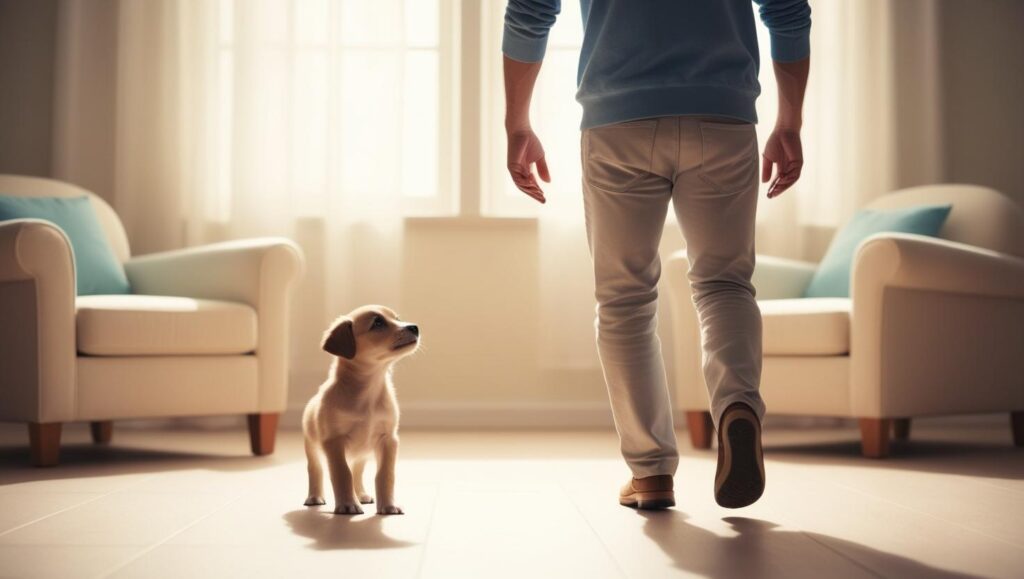 子犬が“かまって”と鳴いている一方、飼い主が少し離れて無視している姿を示す画像