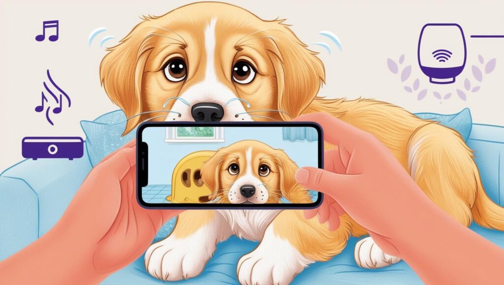 不安そうな子犬を遠くから観察しつつ、必要なケアや安心アイテムを備えている場面のイラスト