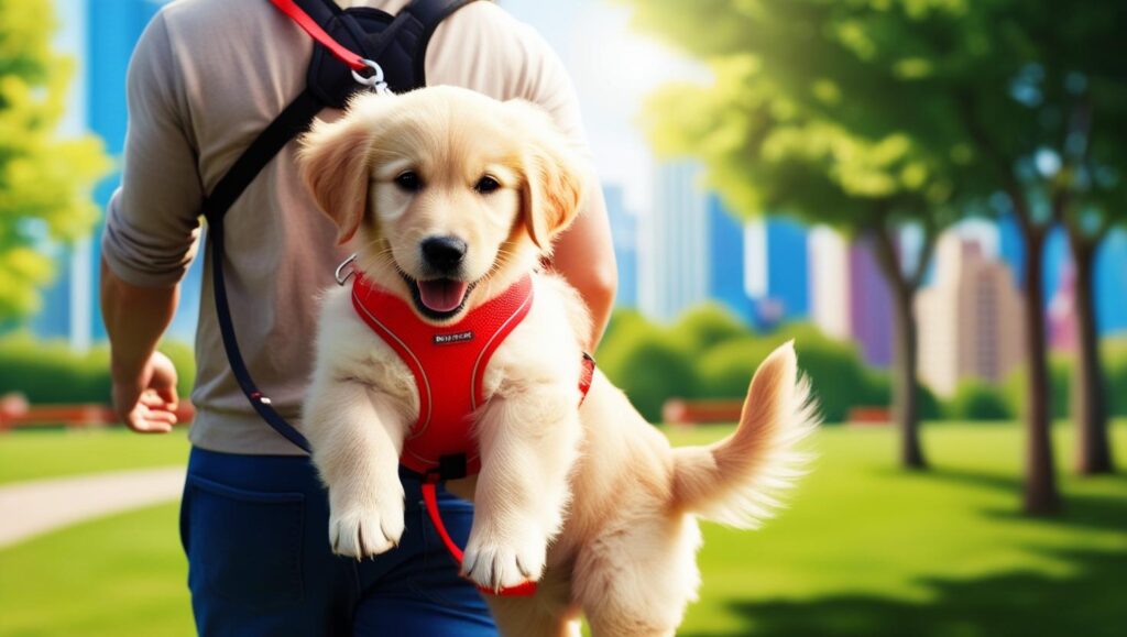 抱っこ散歩で社会化を進める子犬のイラスト(まだワクチン完了前で地面に降ろせない)