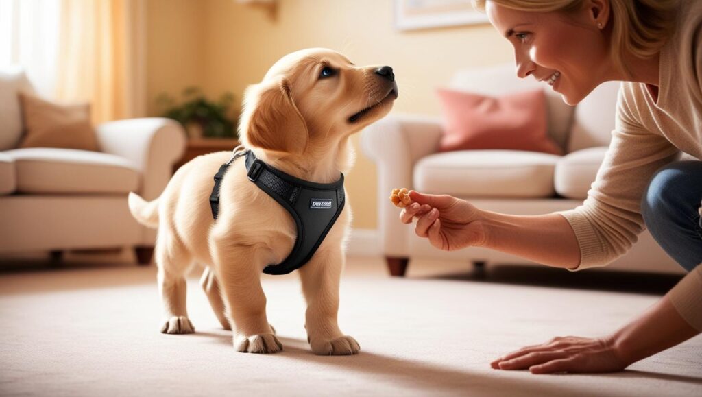子犬がハーネスを嫌がって尻込みしているのを、おやつと声かけで解決する場面のイラスト