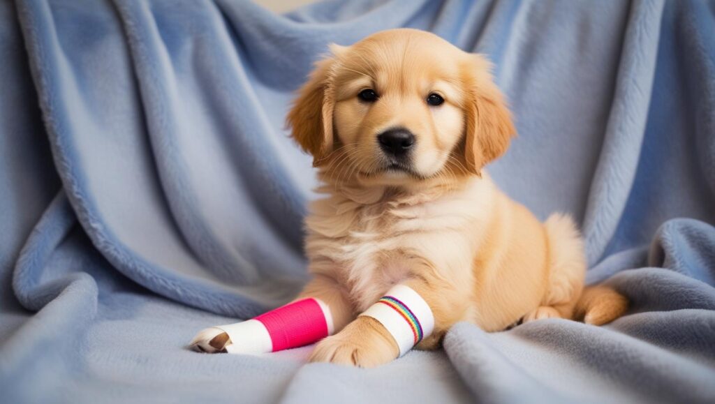 ワクチン接種後の子犬を抱く飼い主と、注射部位を確認する獣医師の様子