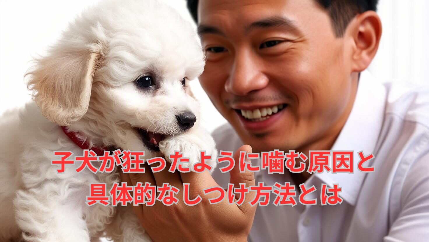 子犬が手を噛んでいるが、飼い主が正の強化で褒めている瞬間
