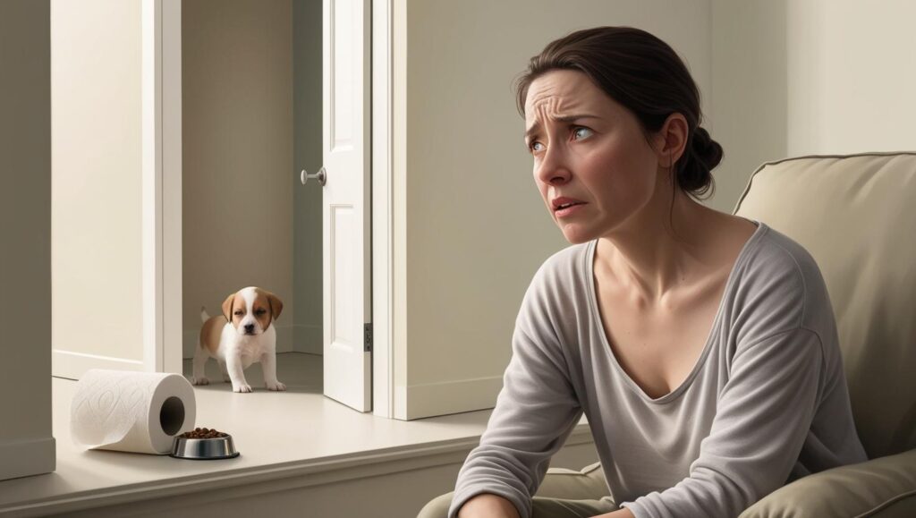 子犬が鳴いているのを、飼い主が隣の部屋からそっと確認しているイメージイラスト