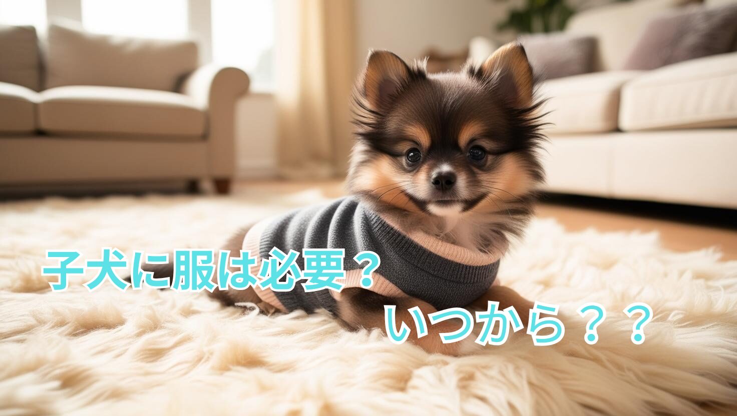 おしゃれな服を着てくつろぐ子犬の様子
