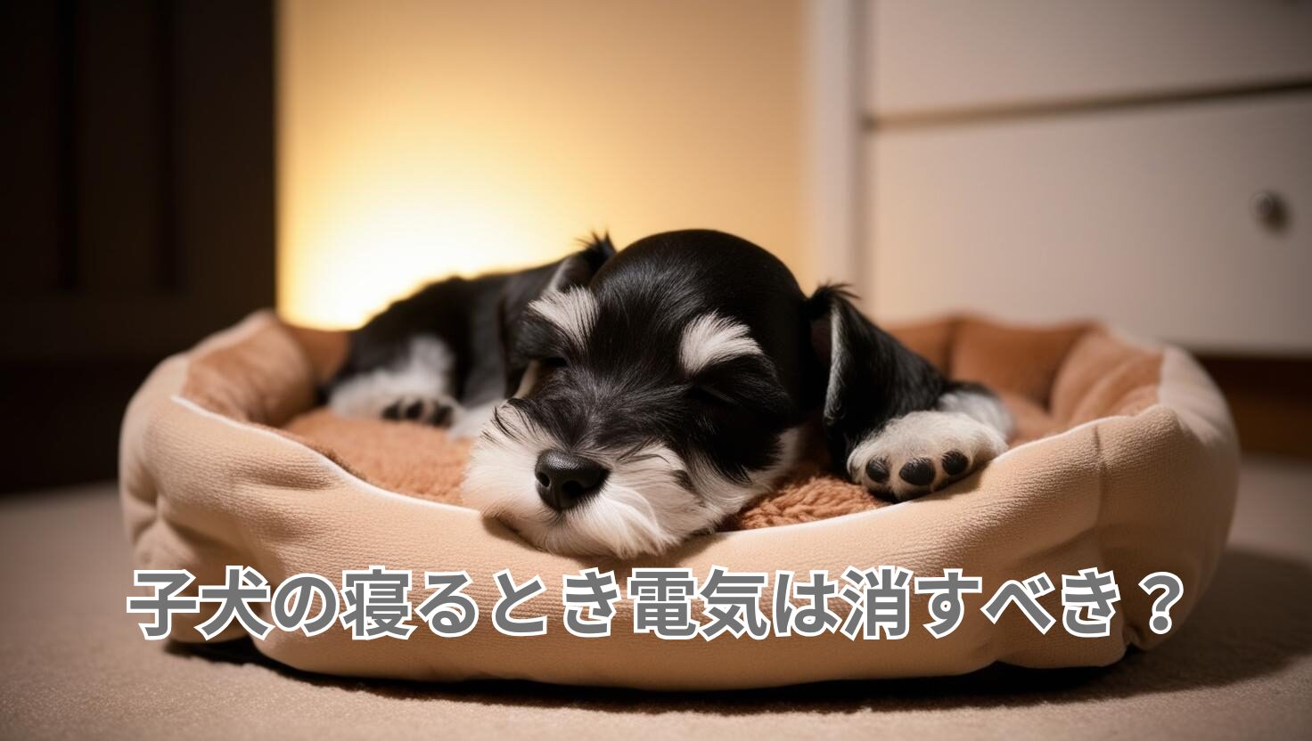 柔らかな毛布に包まれて安心して眠る子犬（柴犬）の写真。優しい暖色系の照明が落ち着いた睡眠環境を演出している