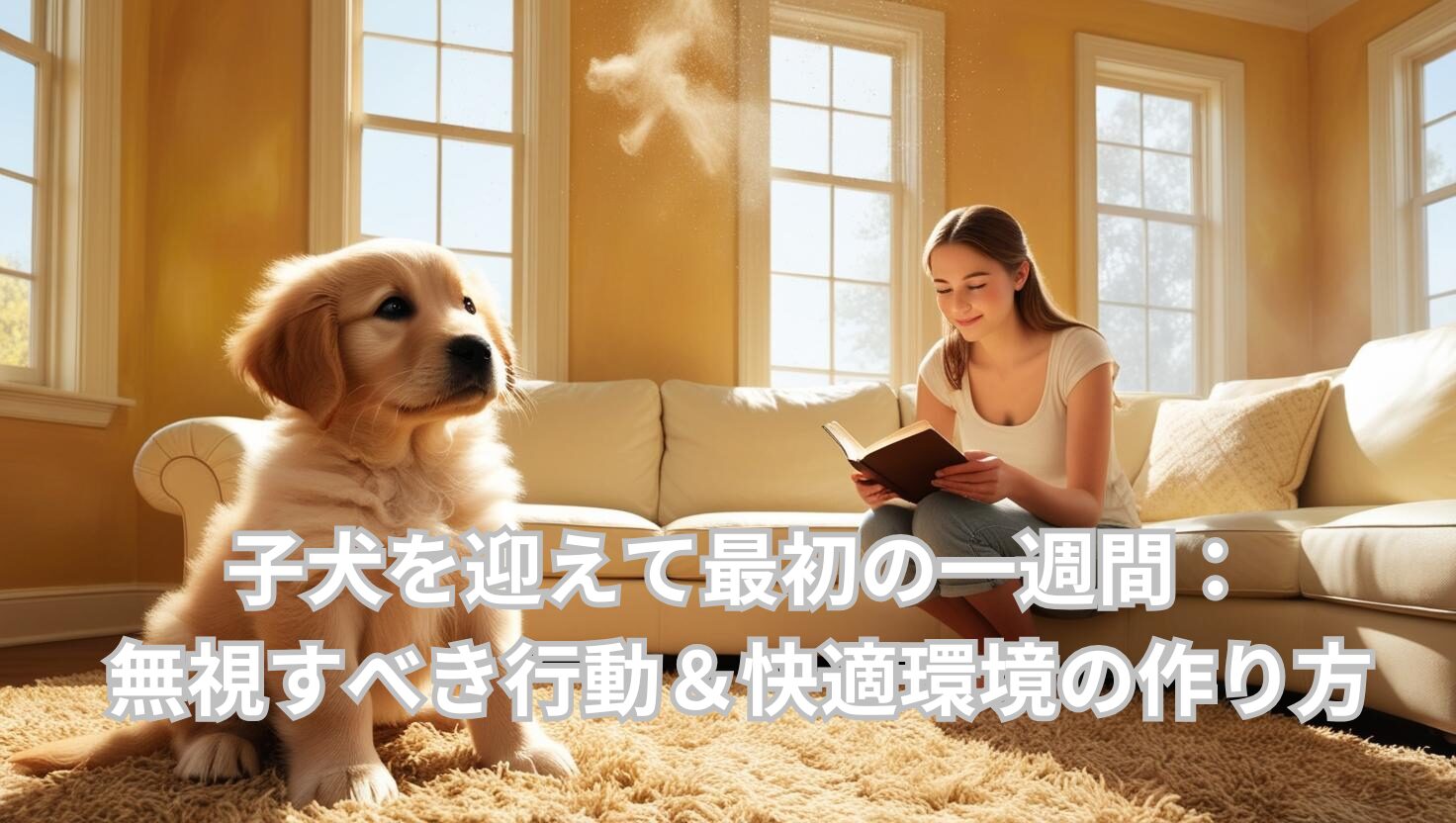 リビングで子犬がかまってほしそうに見上げる中、飼い主が少し距離を置いて優しく見守っているアイキャッチ画像