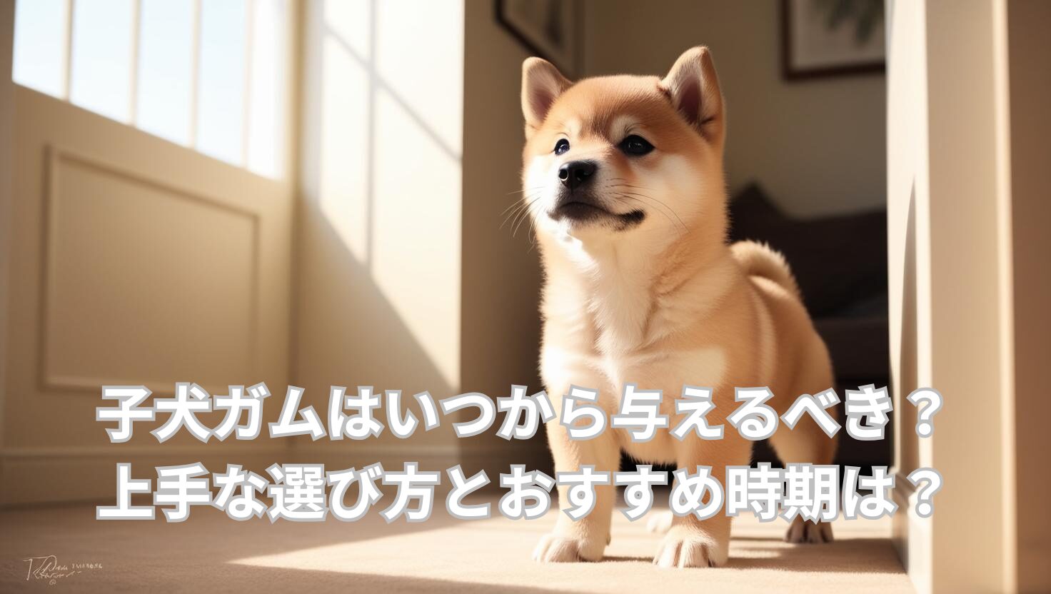子犬 ガム いつから 与えるかを悩む3か月の子犬がリビングでガムを見上げているアイキャッチ画像
