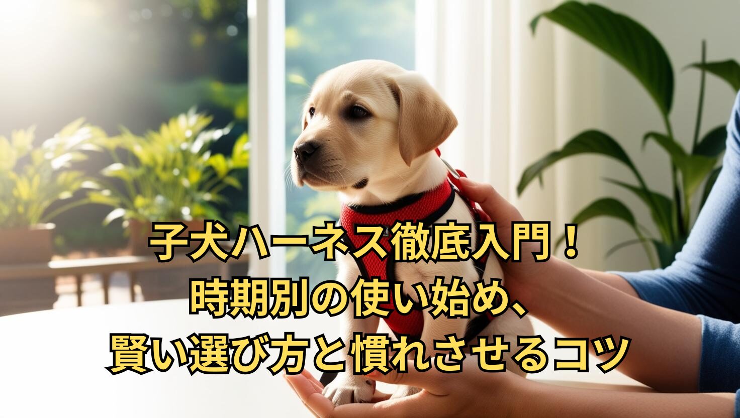子犬 ハーネス いつから 使用できるかをイメージしたアイキャッチ画像。3か月の子犬が飼い主にサポートされながら小さなハーネスを身につけているシーン