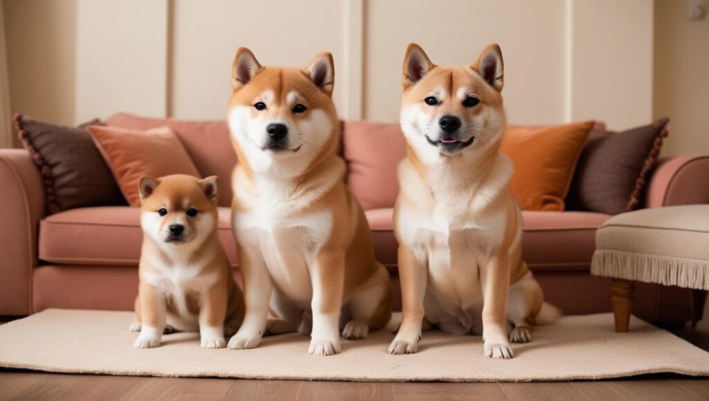 子犬・成犬・シニア期の柴犬が並んで座る写真。成長段階による大きさや雰囲気の違いが一目でわかる