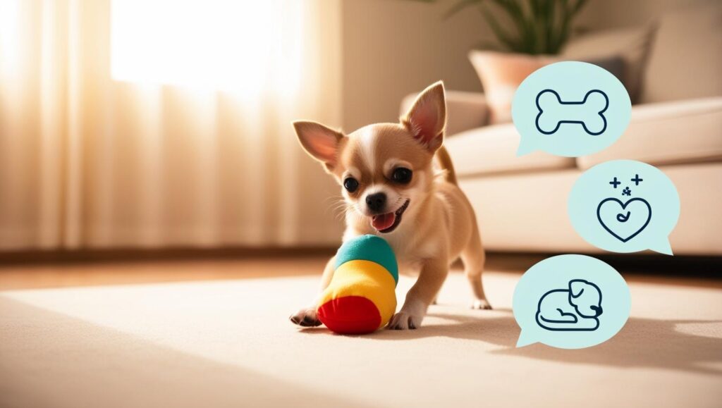子犬がおもちゃで飼い主と遊んでいる様子。しつけやコミュニケーションに役立つことをイメージさせる画像