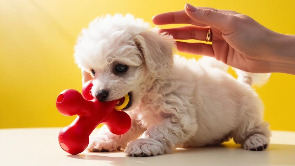 子犬が落ち着いておもちゃを噛み、飼い主が褒めている