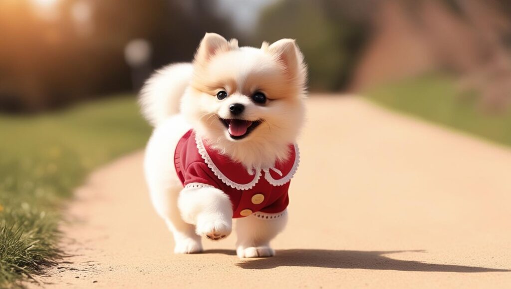 服を着て散歩を楽しむ子犬