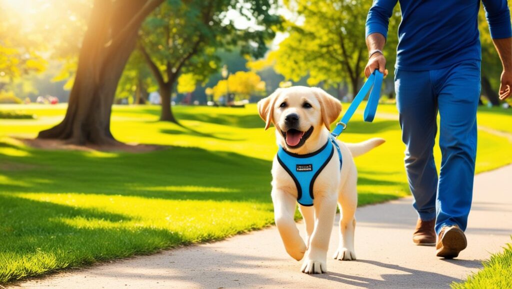 子犬（ラブラドールレトリバー）が公園をハーネスを装着して飼い主と気持ちよく散歩している。背景には公園で暖かい日差しが入り気持ちよさそう