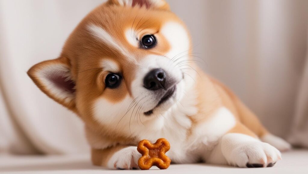 おやつを前に疑問そうに首をかしげる子犬