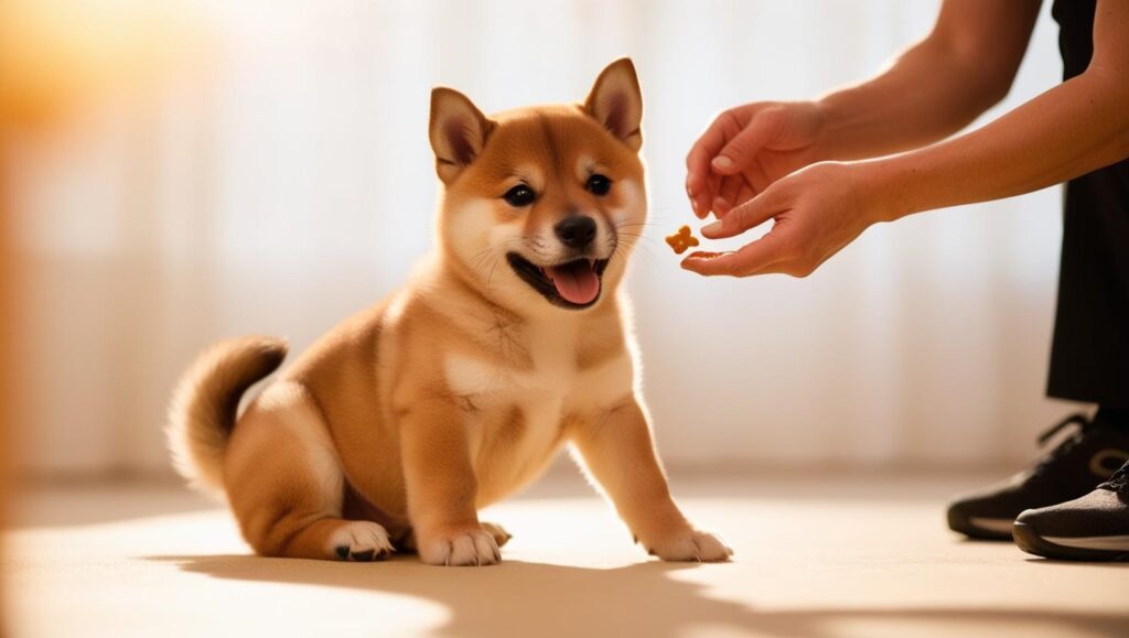 しつけトレーニング中、おやつをもらう嬉しそうな子犬