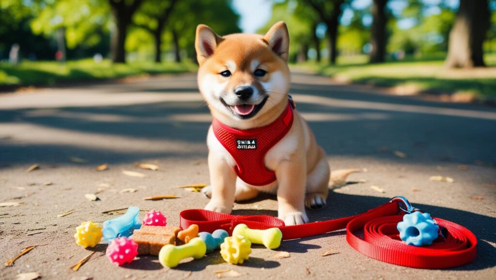 散歩用おもちゃやハーネスを見て嬉しそうな子犬
