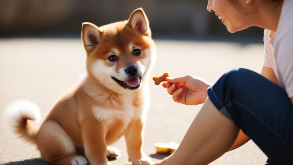 飼い主を見つめて笑顔でおやつを待つ子犬