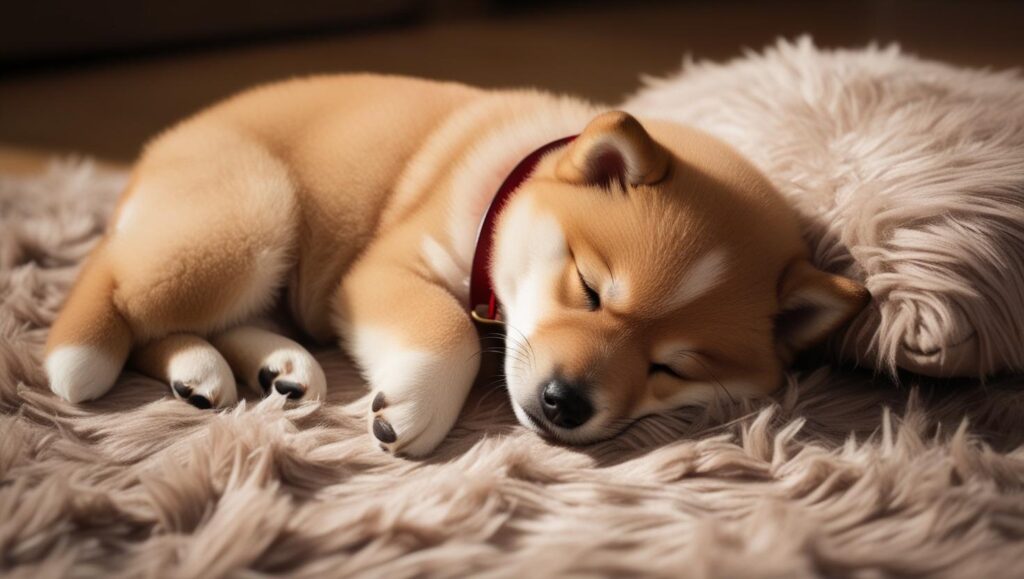 子犬が首輪をつけて寝ている