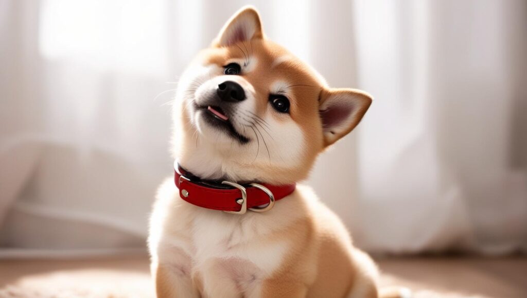 子犬が首輪をつけて不思議そうに首をかしげている