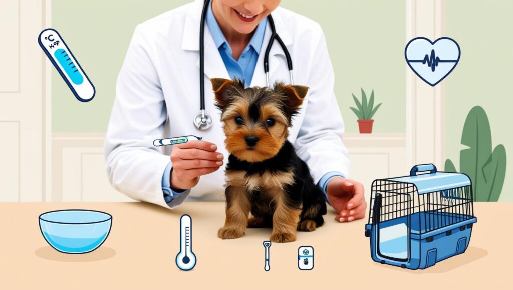 家庭内で子犬の健康管理と外出準備を行う様子、獣医師や健康管理アイコンを含むイラスト