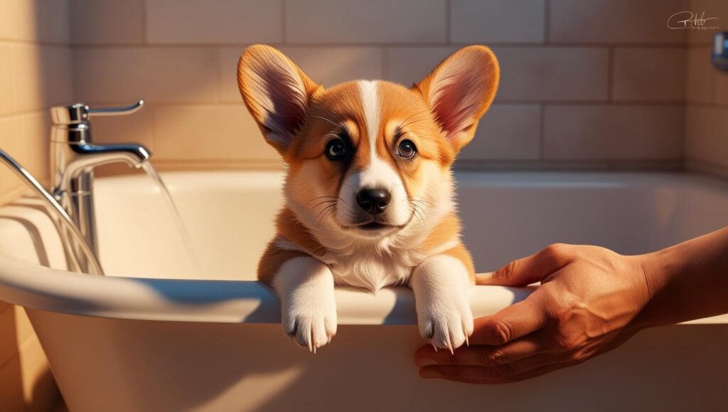 子犬がお風呂に入る理想的なタイミングを示す画像。3か月の子犬が浴槽を見つめ、飼い主が支えているシーン