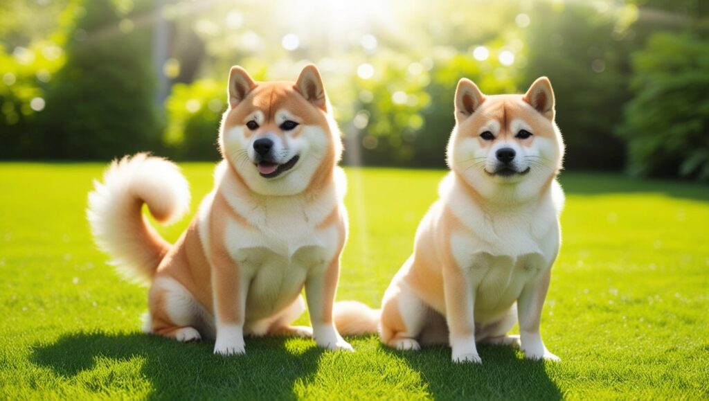芝生に座る巻き尾の柴犬と差し尾の柴犬の比較写真。しっぽの形状がはっきり確認できる