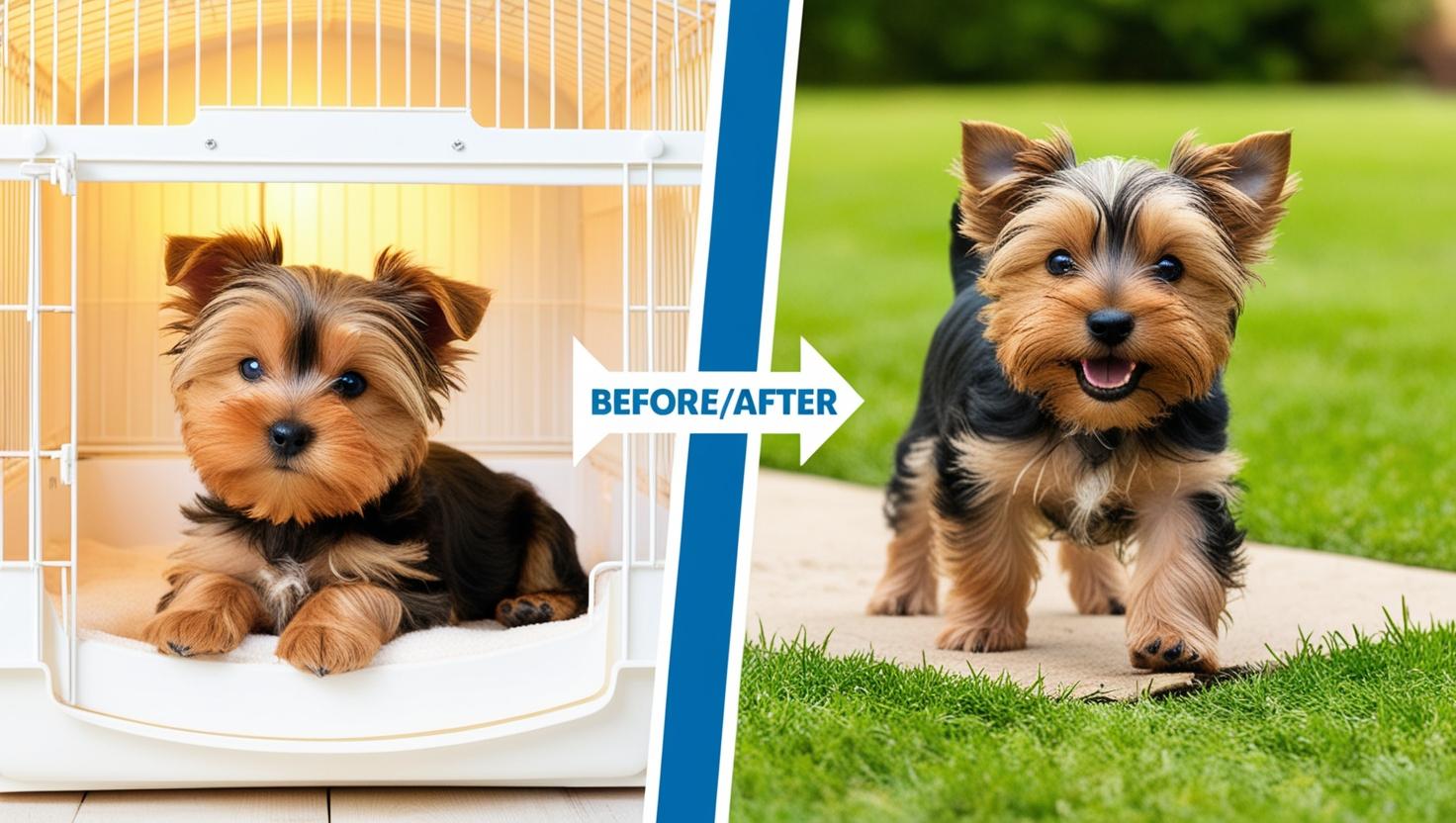 ケージ内と外でトイレトレーニングを受ける子犬のBefore/Afterを示す対比画像