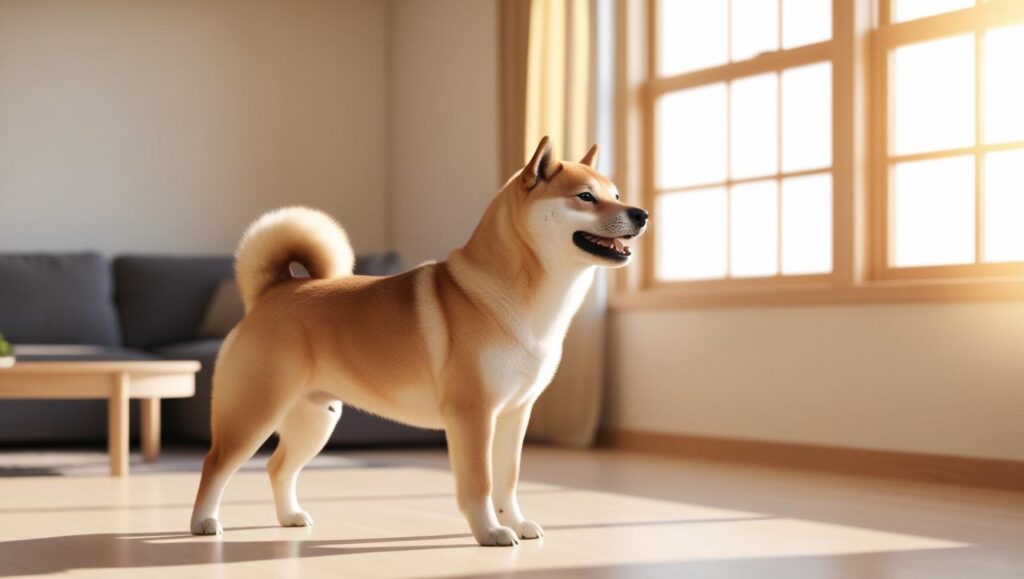 リビングで飼い主を見つめる柴犬の後ろ姿。しっぽが立って揺れており、感情の変化を表現している