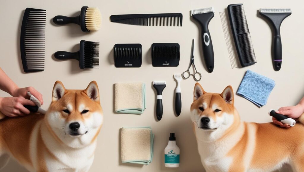 柴犬の換毛期対策として使用するブラシや掃除グッズが並んでいる写真。各グッズの使用感をイメージしやすい