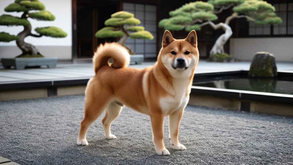 日本庭園を背景に立つ柴犬の写真。巻き尾が印象的で、日本犬らしい風格が感じられる