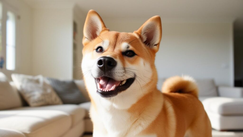 リビングでカメラを見上げ、笑うような表情を浮かべる柴犬の写真。ヒコーキ耳が強調され、愛らしさが引き立っている