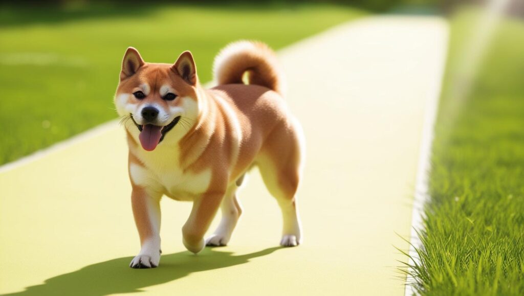散歩道を歩きながら笑顔を見せる柴犬の写真。健康的な毛並みと表情が印象的
