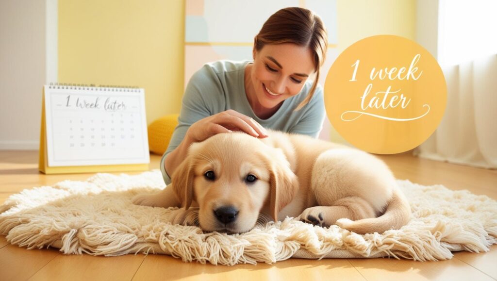 無視の期間を終えて落ち着いた子犬と、やさしく触れ合う飼い主のイラスト