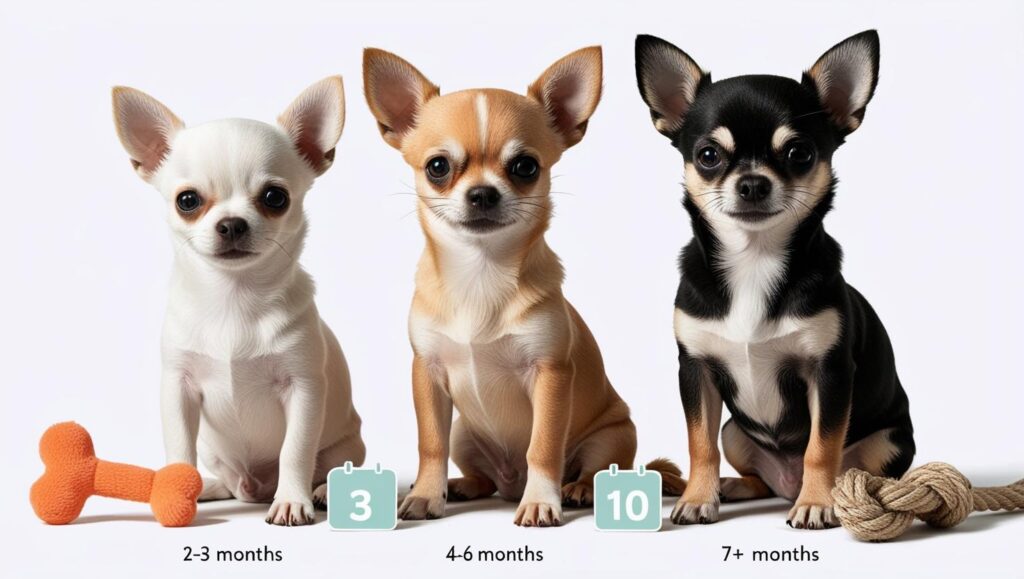 月齢別に異なるおもちゃで遊ぶ3匹の子犬。2〜3ヶ月、4〜6ヶ月、7ヶ月以降のそれぞれの特徴イメージ