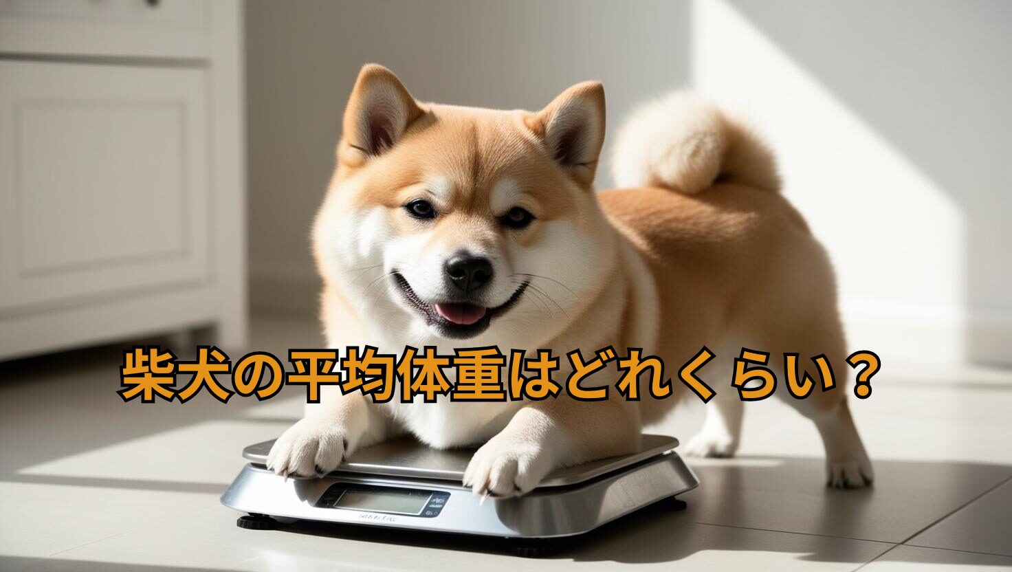 明るい室内でデジタル式の体重計に乗っている柴犬の写真。元気そうな表情が印象的で、健康的な体重管理をイメージさせる」