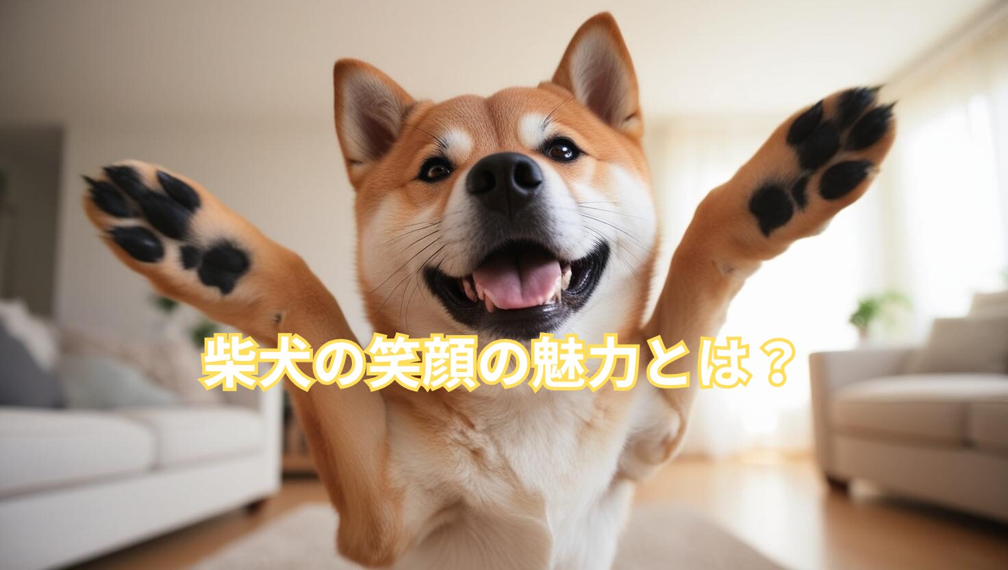 笑顔の柴犬がヒコーキ耳になりかけて座る写真。愛らしい表情と毛並みが鮮明に映し出されている