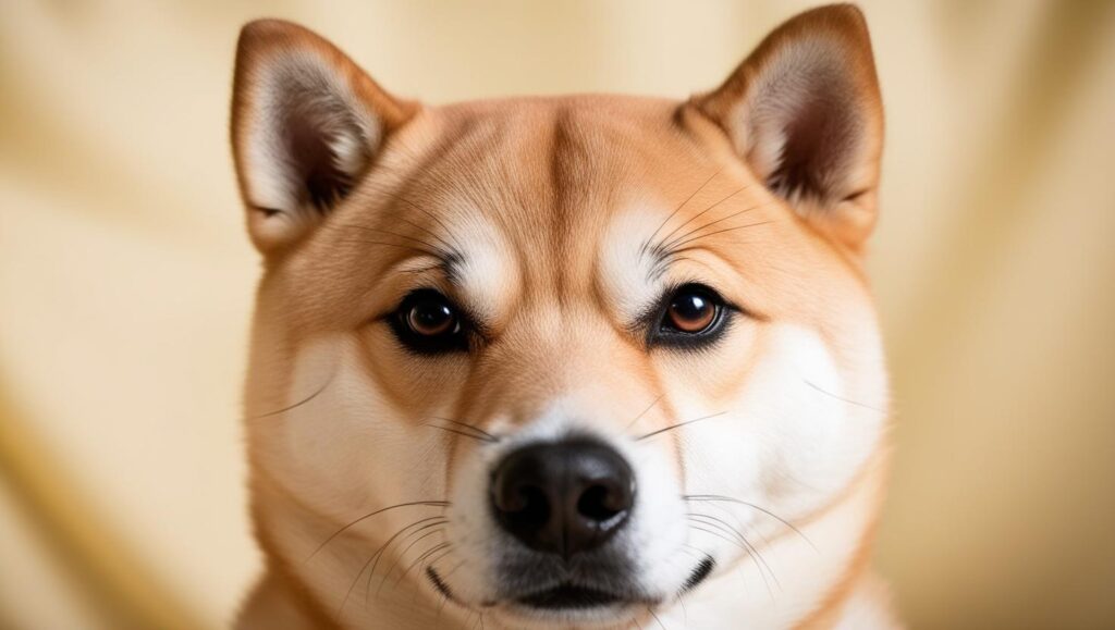柴犬の顔をアップで撮影し、くっきりした眉毛が目立つ写真。眉毛があることで表情豊かな印象を与えている