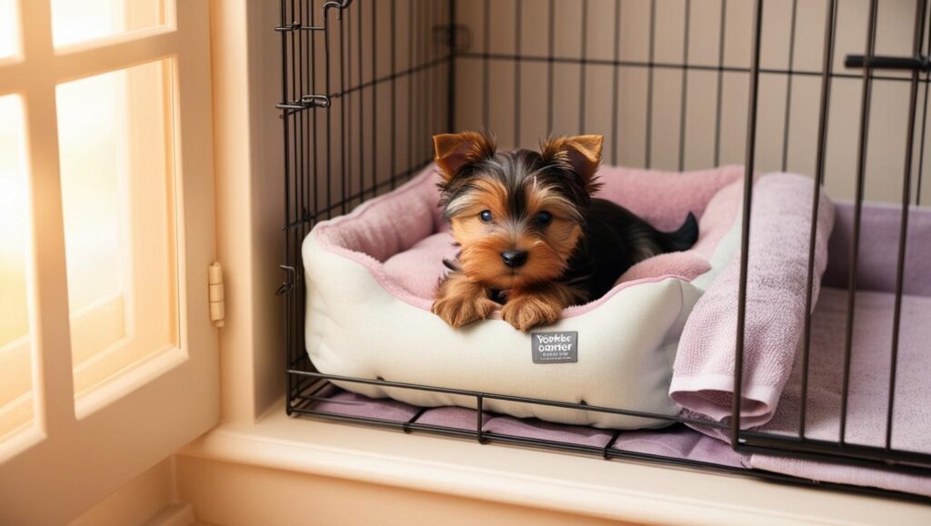 温かい家庭内で子犬が快適にケージ内で休んでいる様子、寝床や安心アイテムが配置されたシーン