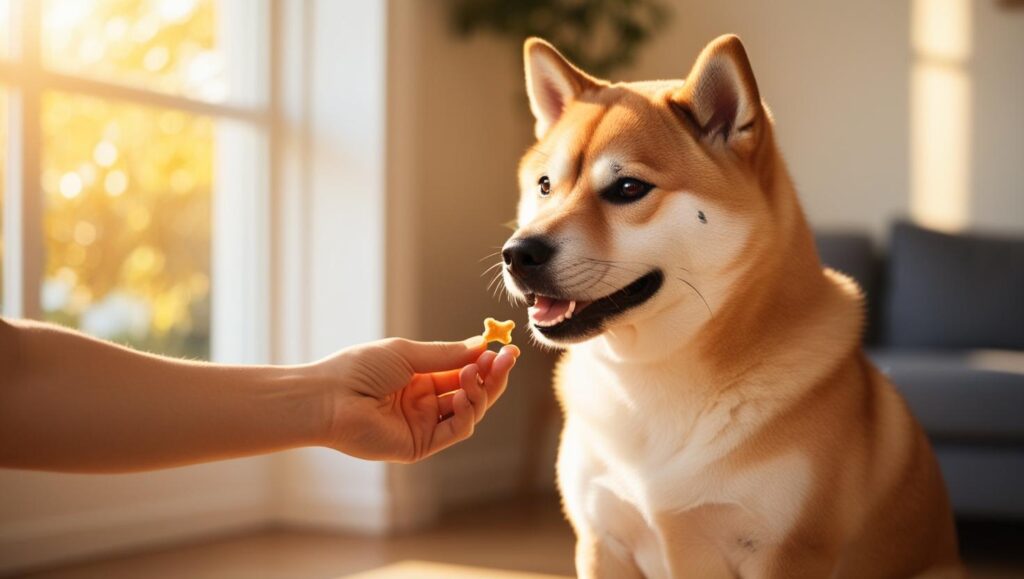 室内で飼い主を見上げ、おすわりをしている柴犬の写真。笑顔のような表情がしつけの成功を感じさせる
