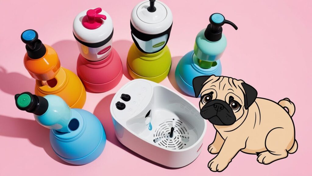子犬の水分管理に役立つ給水ボトルや自動給水器などの便利グッズを並べた画像