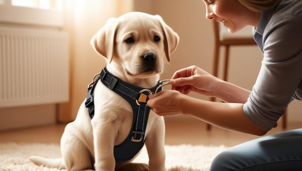 子犬 ハーネス をいつから使い始めるか迷う飼い主が生後3か月の子犬に初めてハーネスを装着する場面