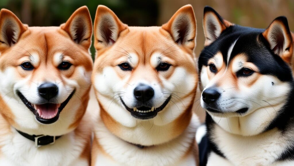 眉毛の色や形が異なる柴犬たちが、それぞれ笑顔や真剣な表情を見せている写真。性格や表情の違いが際立つ