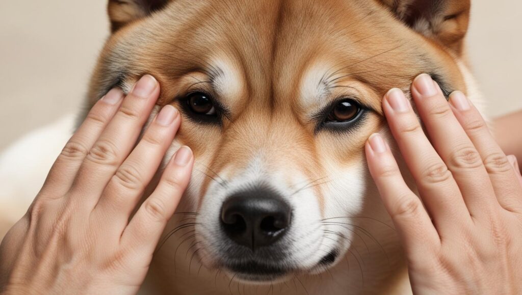 眉毛周辺の被毛が薄くなっている柴犬のアップ写真。健康状態のサインとして眉毛の抜けや色変わりが現れている