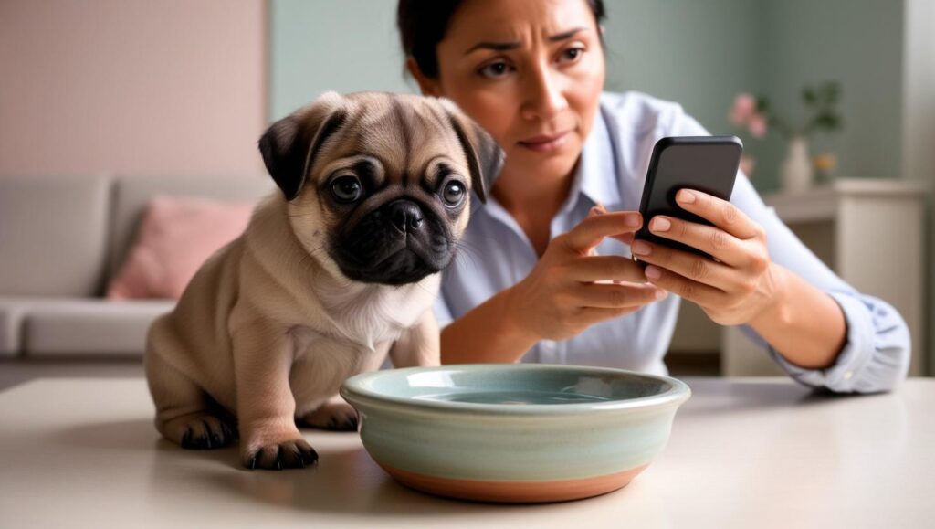 子犬が給水ボウルの前で水を多く飲んでいる様子を飼い主が観察する画像。急な水分摂取量増加への対応イメージ