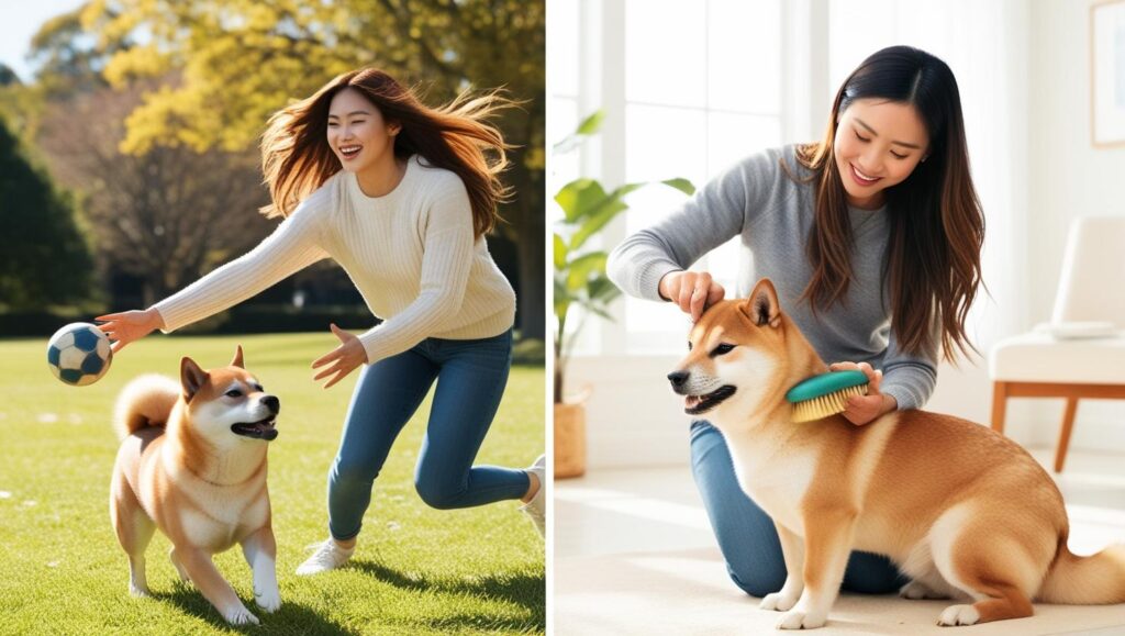 『飼い主と楽しそうに遊ぶ柴犬｜飼育のメリット』
『柴犬の抜け毛を掃除している飼い主｜飼育のデメリット』