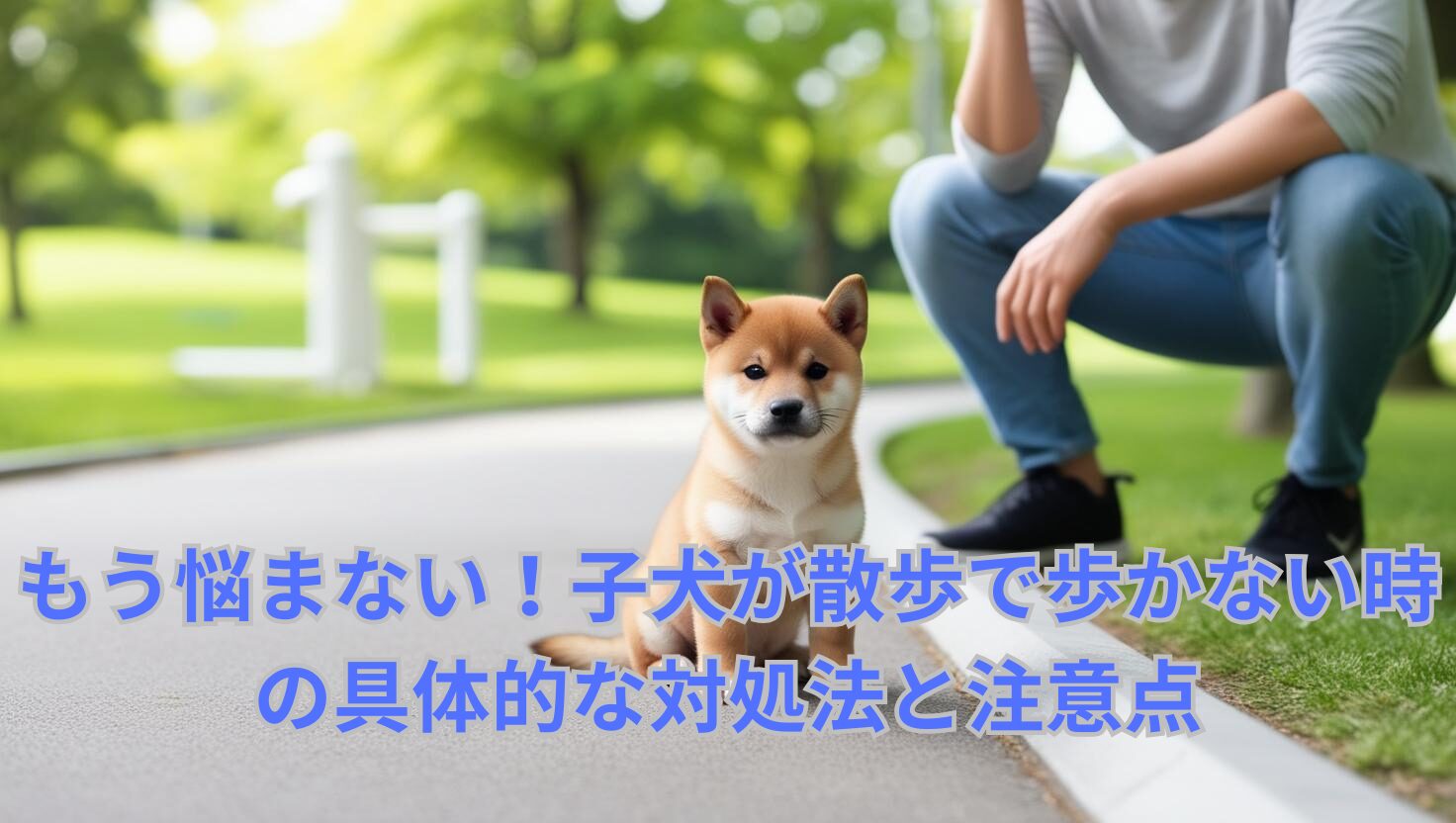 「散歩で歩かない子犬と困っている飼い主